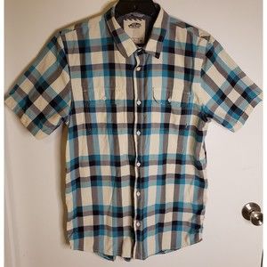 Vans Off The Wall Medium Plaid Short Sleeve Button Shirt Blue White Pockets